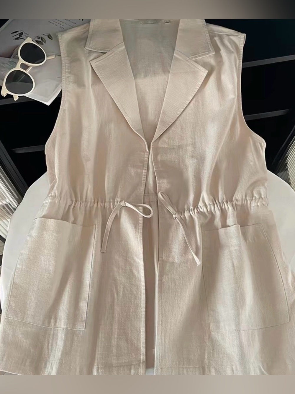 FLAX Lagenlook Loose Fit Linen Vest Cream Enwrap Drawstring Boho Minimalist Boho